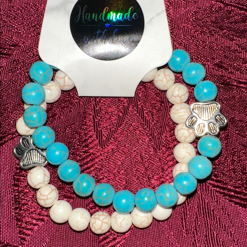 Handmade Turquoise and White Stone Beaded Bracelet Set - Picture 3 of 3